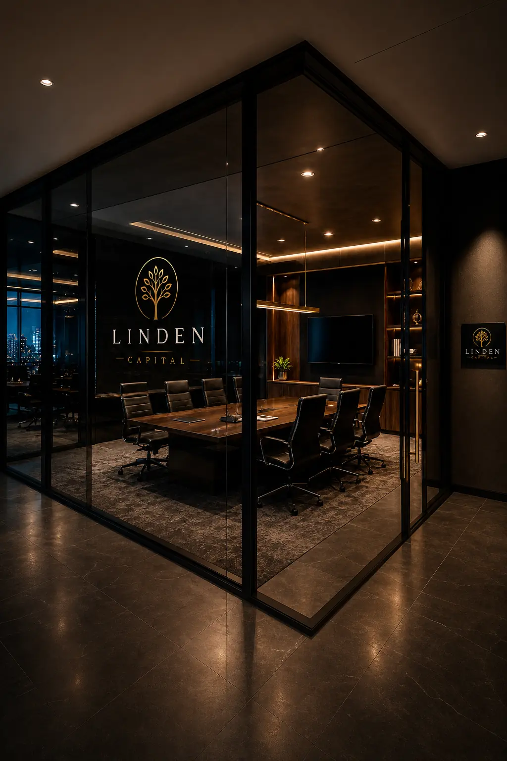 Sala de reunião da Linden Capital vista de longe, com o logotipo em destaque