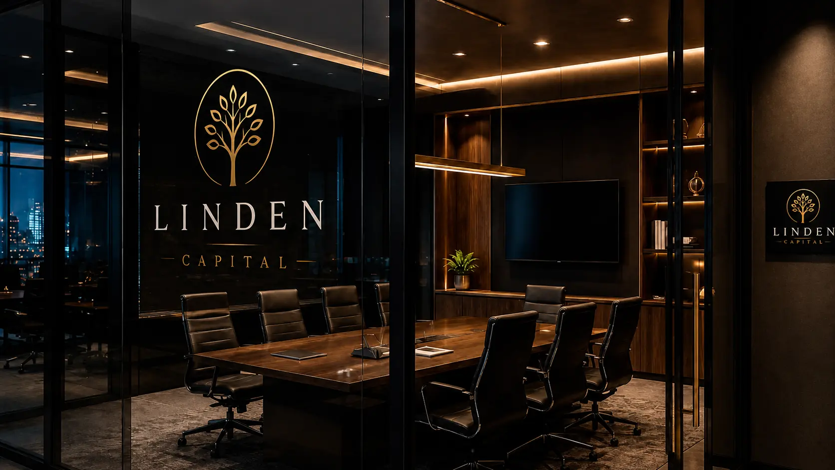 Sala de reunião da Linden Capital com identidade visual em destaque
